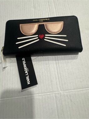 Karl Lagerfeld Black Zip Wallet with Gold Sunglass Cat Appliqué